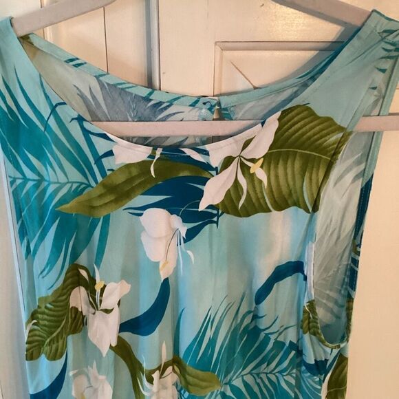 Two Palms Hawaiian Midi Dress Sz L Palm Floral Print Blue Green - Picture 2 of 7